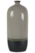 Stoneware Bottle Vase With Black Banded Rim Bottom, Large, Glossy Gray