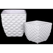 Ceramic Square Vase with Embossed Wave Pattern, Set Of 2, White