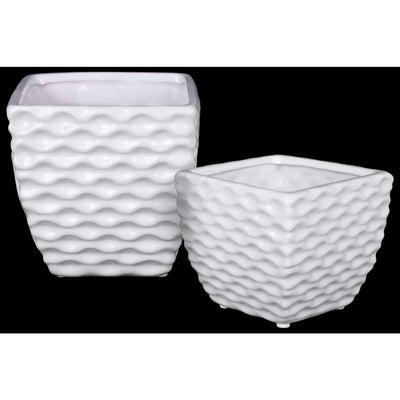 Ceramic Square Vase with Embossed Wave Pattern, Set Of 2, White