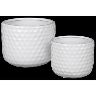 Ceramic Round Vase with Engraved Circle Design Pattern, Set of Two, White