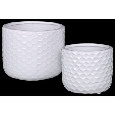 Ceramic Round Vase  With Engraved Diamond Pattern, Set Of 2, White