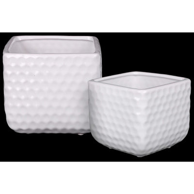Ceramic Square Shaped Vase With Engraved Diamond Pattern, Set Of 2, White