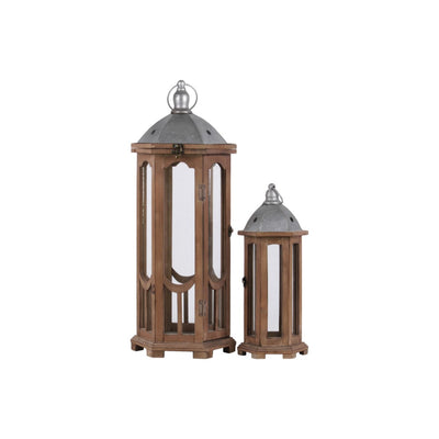 Hexagonal Shaped Wooden Lantern With Galvanized Top, Set Of 2, Natural Brown