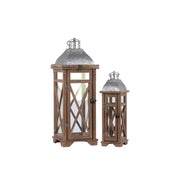 Square Shaped Wooden Lantern With Cross Design Body, Set Of 2, Natural Brown and Gray