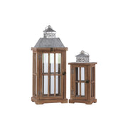 Wooden Lantern With Window Panel Sides, Set Of 2, Natural Brown and Gray
