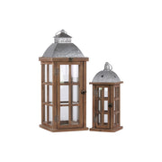 Wooden Lantern With  Galvanized Top and Ring Handle, Set Of 2, Natural Finish Brown