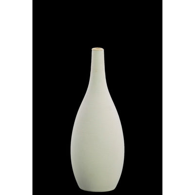 Ceramic Round SM Combed Vase with Small Mouth and Bellied Bottom, White