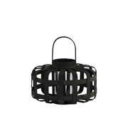 Wood Low Round Lantern with Lattice Design Body and Handle, Black