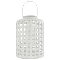 Wood Round Lantern with Lattice Design Body and Handle, White