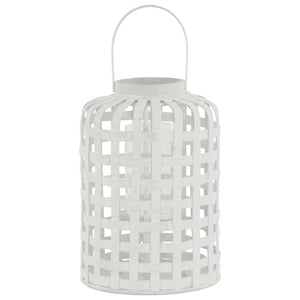 Wood Round Lantern with Lattice Design Body and Handle, White