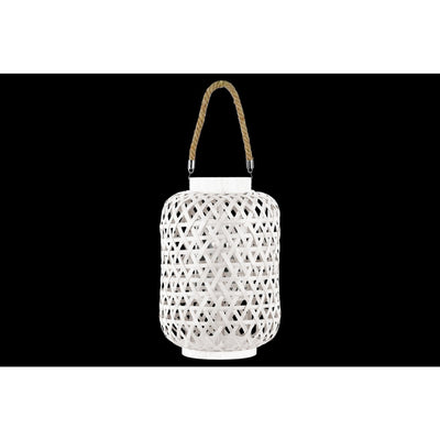 Bamboo Round Lantern with Triangle Cutouts and Hemp Rope Handle, White