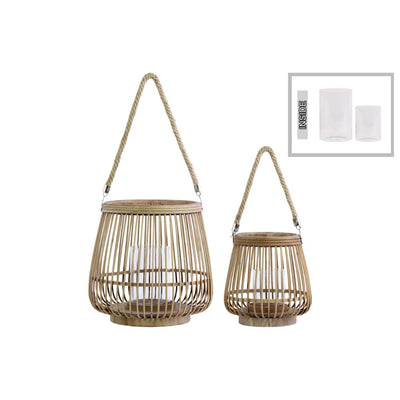 Bamboo Round Lantern with Rope Hangers, Set of Two, Brown