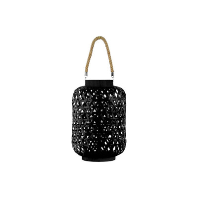 Bamboo Round Lantern with Triangle Cutouts and Hemp Rope Handle, Black