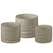 Ceramic Low Cylindrical Pot with Ribbed Design Body, Set of Three, Taupe