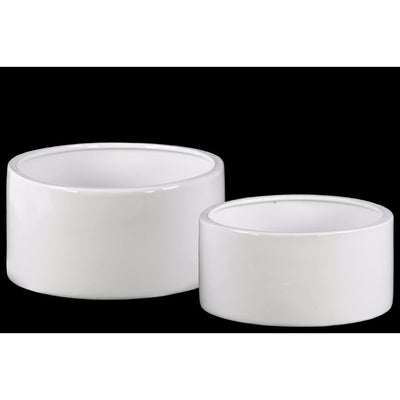 Ceramic Round Pot With Combed Gloss Finish, Set of Two, White