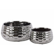 Ceramic Round Bowlshaped Pot with Honey Comb Design, Set of two, Silver