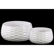 Ceramic Round Bowlshaped Pot with Honey Comb Design, Set of Two, White