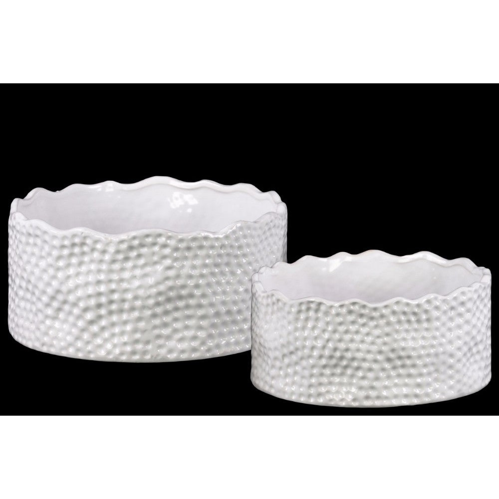 Ceramic Irregularly Round Pot With Pimpled Accents, Set of Two, White