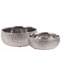 Ceramic Round Pot With Uneven Lip and Dimpled Accents, Set of 2, Silver