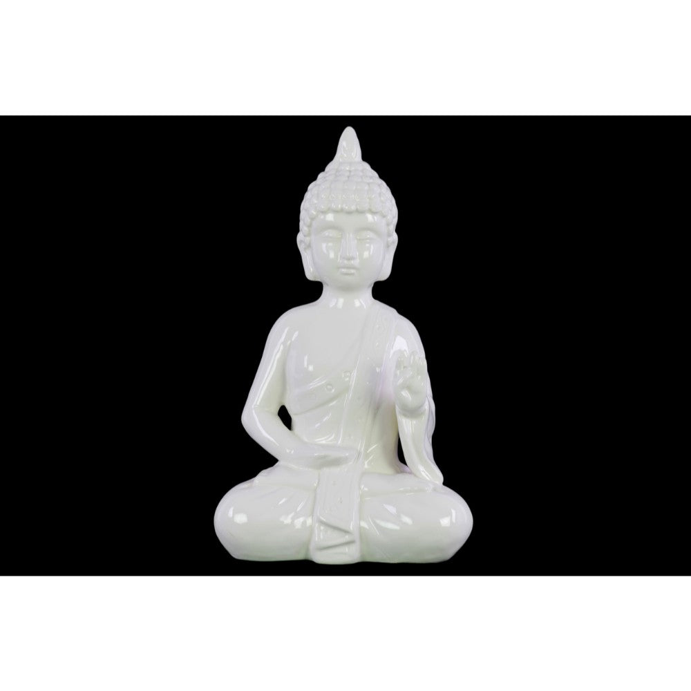 Ceramic Meditating Buddha Figurine with Pointed Ushnisha in Abhaya Mudra, White