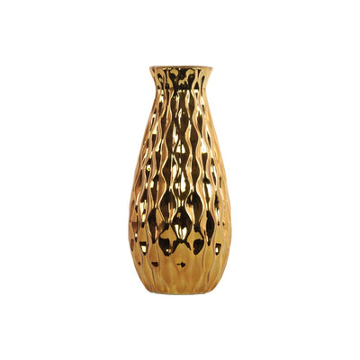 Ceramic Round Bellied Vase with Embossed Wave Design Body, Gold