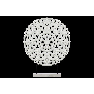 Wood Round Buddhist Wheel Ornament on Rectangular Stand in LG Matte Finish, White