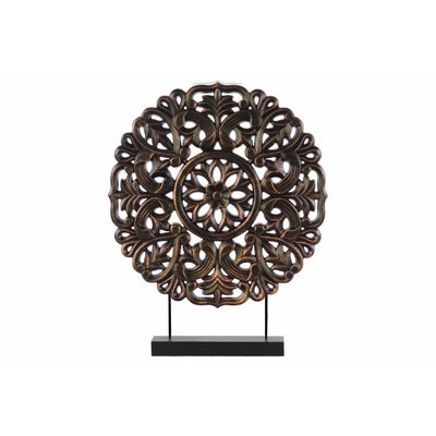 Wood Round Buddhist Wheel Ornament on Rectangular Stand, Bronze