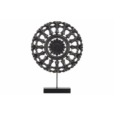 Wood Round Buddhist Wheel Ornament on Rectangular Stand in SM Matte Finish, Black