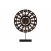 Wood Round Buddhist Wheel Ornament on Rectangular Stand, Bronze