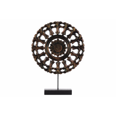 Wood Round Buddhist Wheel Ornament on Rectangular Stand, Bronze