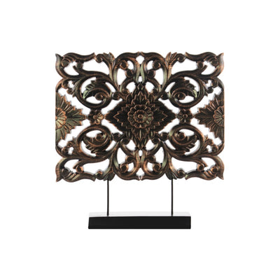 Wood Wide Rectangular Filigree Ornament on Rectangular Stand, Bronze