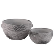 Round Cemented Pots With Engraved Lattice Diamond Design, Gray, Set of 2