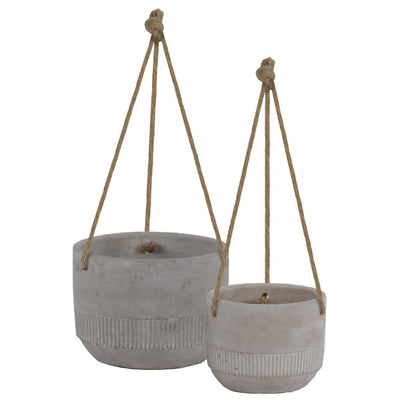 Round Cemented Pots with Rope Hanger, Washed Gray, Set of 2
