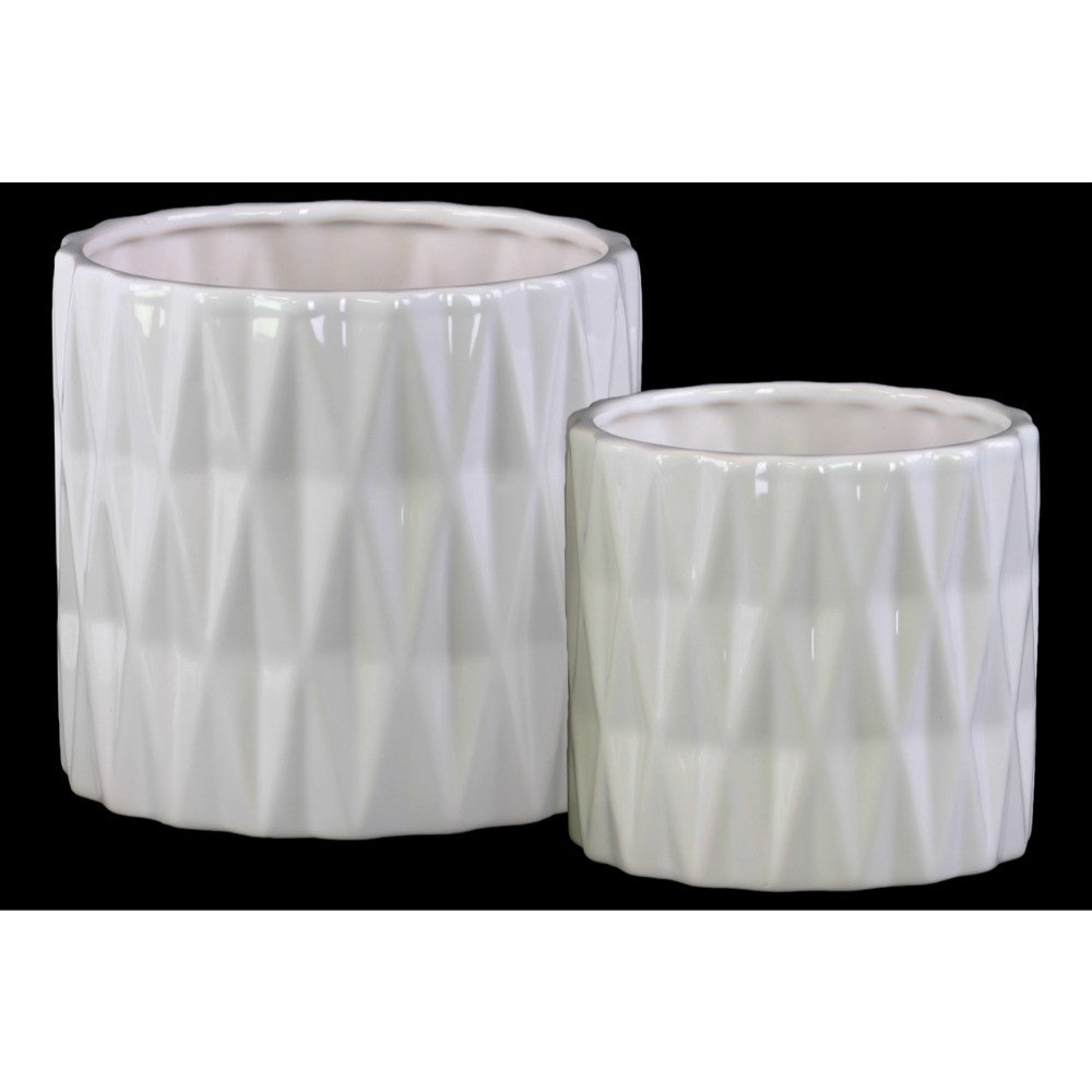 Cylindrical Ceramic Pot with Polygonal Pattern, Glossy White, Set of 2