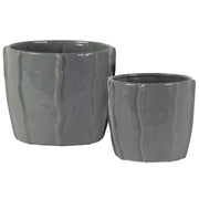 Ceramic Pot With Embedded Wave Design, Glossy Gray, Set of 2