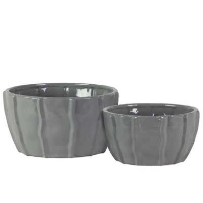 Decorative Ceramic Bowl With Embedded Wave Design, Glossy gray, Set of 2