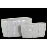 Oval Shaped Ceramic Pot with Embedded Wave Design, Glossy White, Set of 2