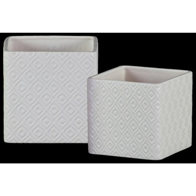 Square Shaped Ceramic Pot with Embossed Diamond Design, White, Set of 2