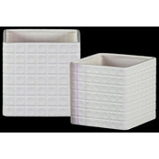 Square Shaped Ceramic Pot with Embossed Lattice Square Design, White, Set of 2