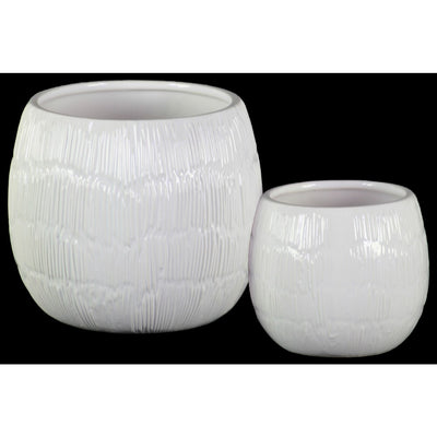 Round Shaped Ceramic Pots with Embossed Lines Design, Glossy White, Set of 2