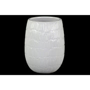 Round Shaped Ceramic Vase with Embossed Lines Design, Large, Glossy White