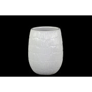 Round Shaped Ceramic Vase with Embossed Lines Design, Small, Glossy White