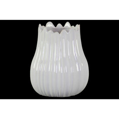 Round Shaped Ceramic Bellied Vase with Irregular Shape, Glossy White