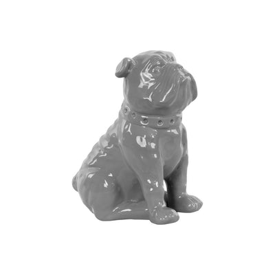 Ceramic Sitting British Bulldog Figurine with Collar, Glossy Gray
