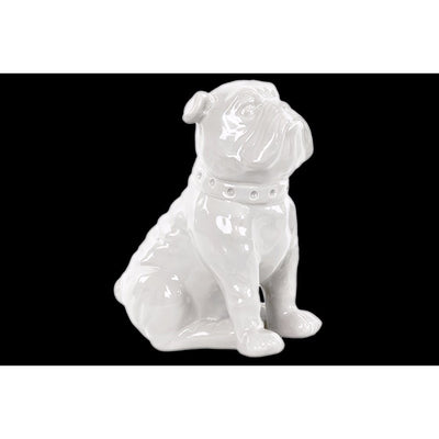 Ceramic Sitting British Bulldog Figurine with Collar, Glossy White