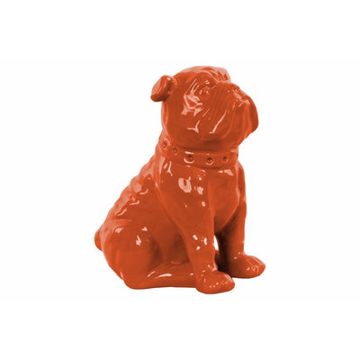Ceramic Sitting British Bulldog Figurine with Collar, Glossy Orange