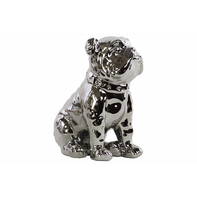 Ceramic Sitting British Bulldog Figurine with Collar, Silver