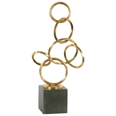 Metal Abstract Interlocking Circles Sculpture on Square Base, Gold
