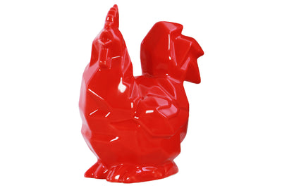 Ceramic Geometric Sitting Rooster Figurine, Glossy Red