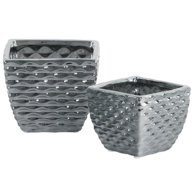 Ceramic Square Vase with Embossed Wave Pattern, Set Of 2, Silver